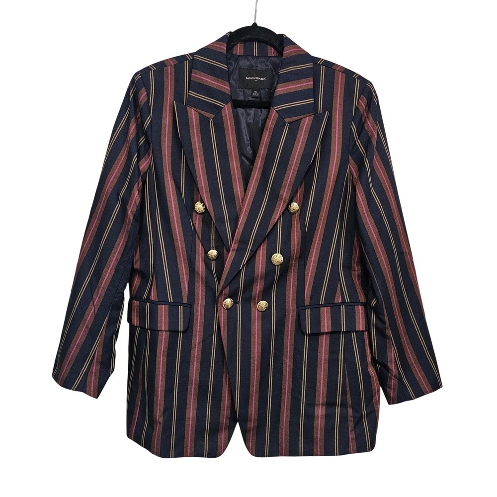 Banana Republic Icon Striped Blazer Woman 16 Navy Double Breasted Gold Buttons